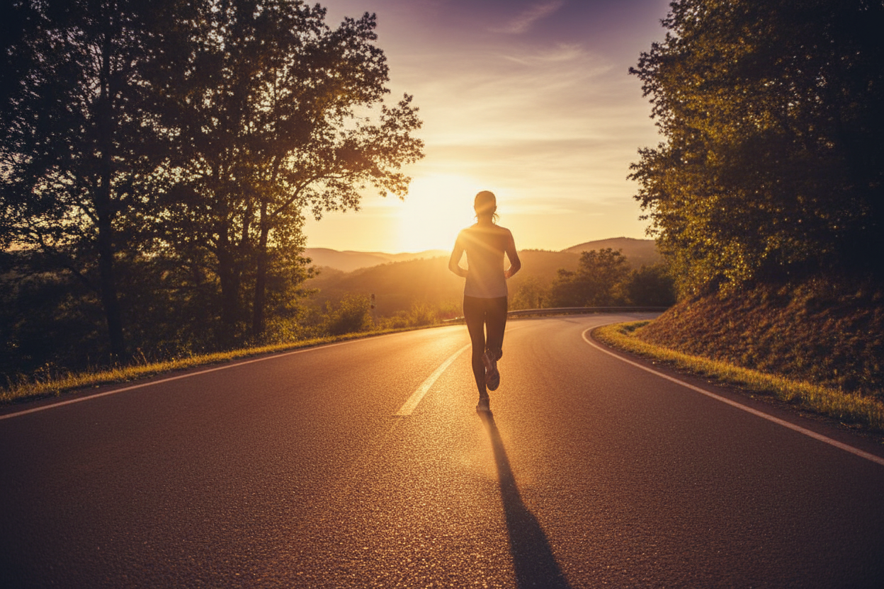 Persona corriendo de espaldas al atardecer